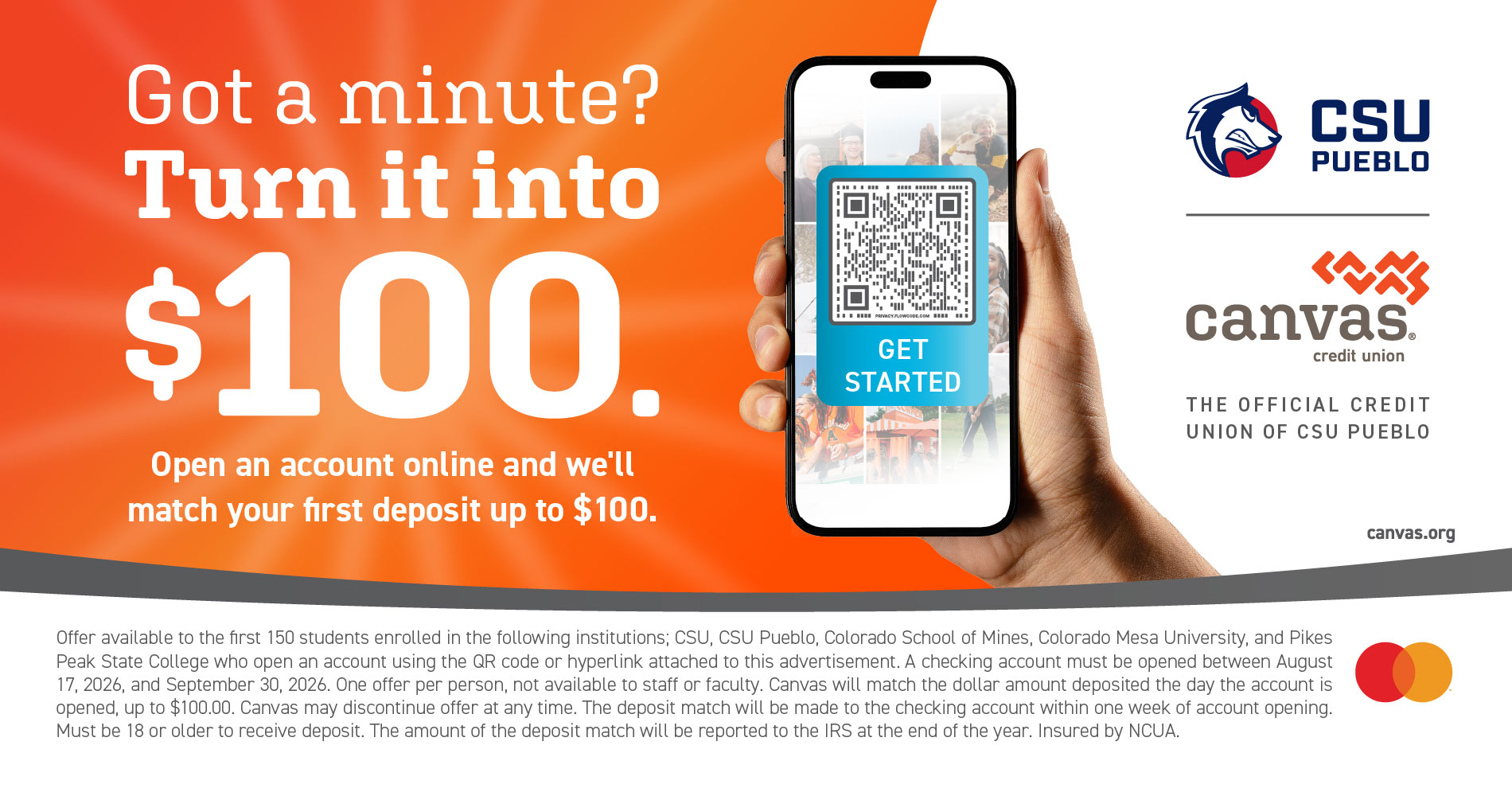 Canvas Credit Union CSU Pueblo student offer to match a first deposit up to $100 through September 30, 2026.
